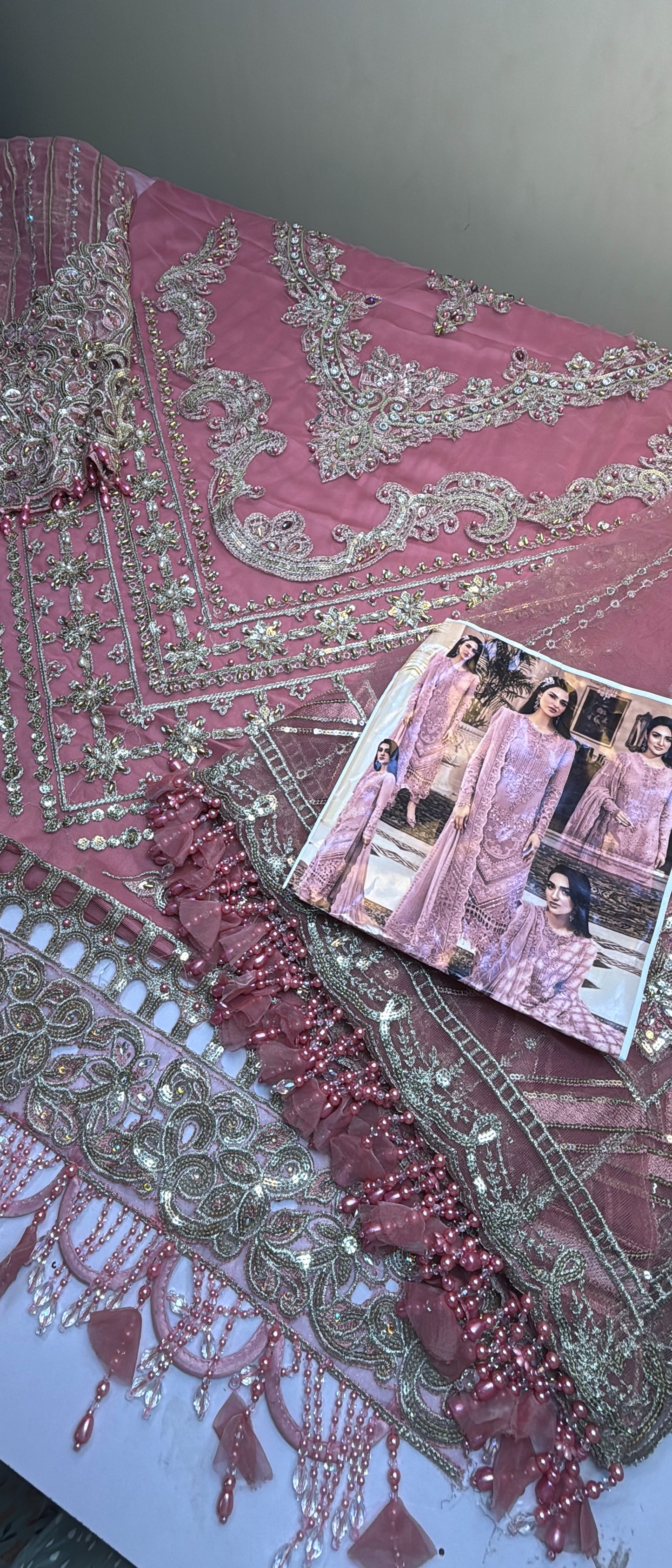 Maria B Premium Quality Onion Pink Tassels Net Dress