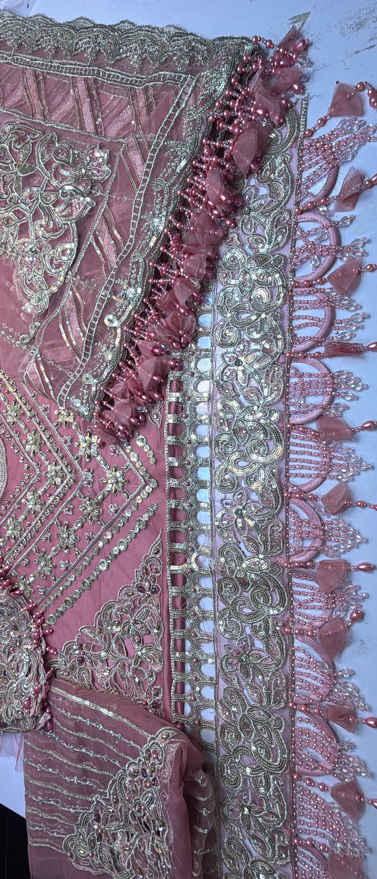 Maria B Premium Quality Onion Pink Tassels Net Dress