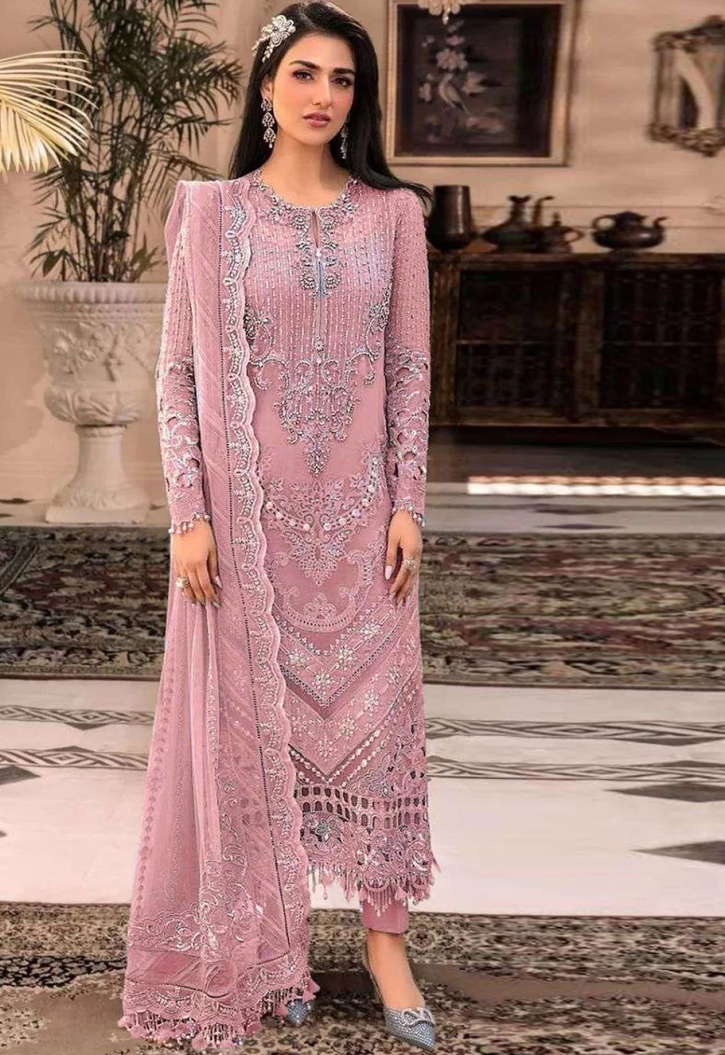 Maria B Premium Quality Onion Pink Tassels Net Dress