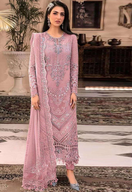 Maria B Premium Quality Onion Pink Tassels Net Dress